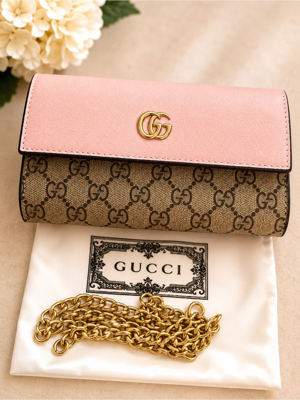 Unlisted Pink Leather Flap Monogram Chain Wallet